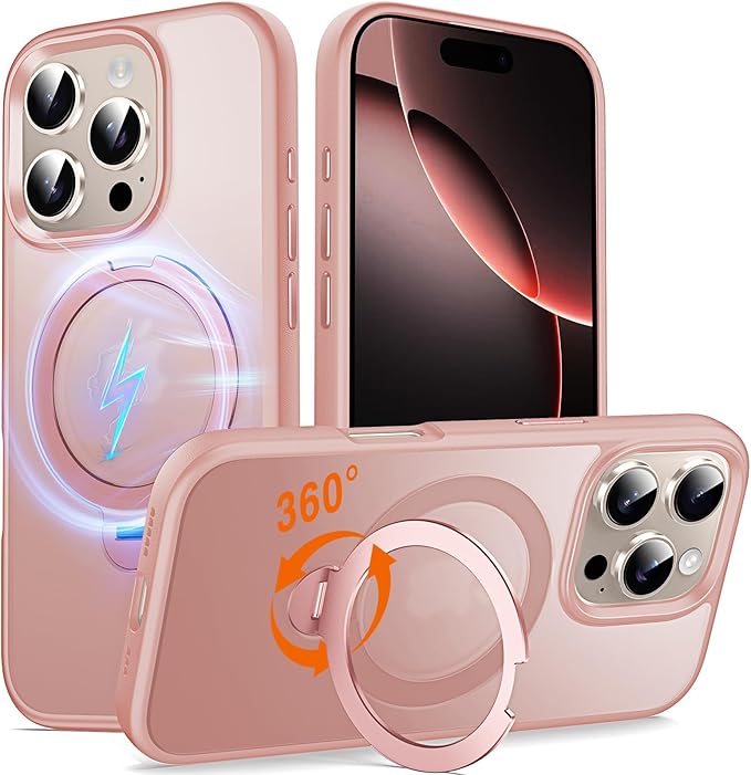 360° O-Ring MagStander for iPhone 16 Pro Max Case with Magnetic Kickstand Ring Holder [Compatible with MagSafe][360°Rotate Stand][Military Shockproof] iPhone 16 Pro Max Phone Cover Pink