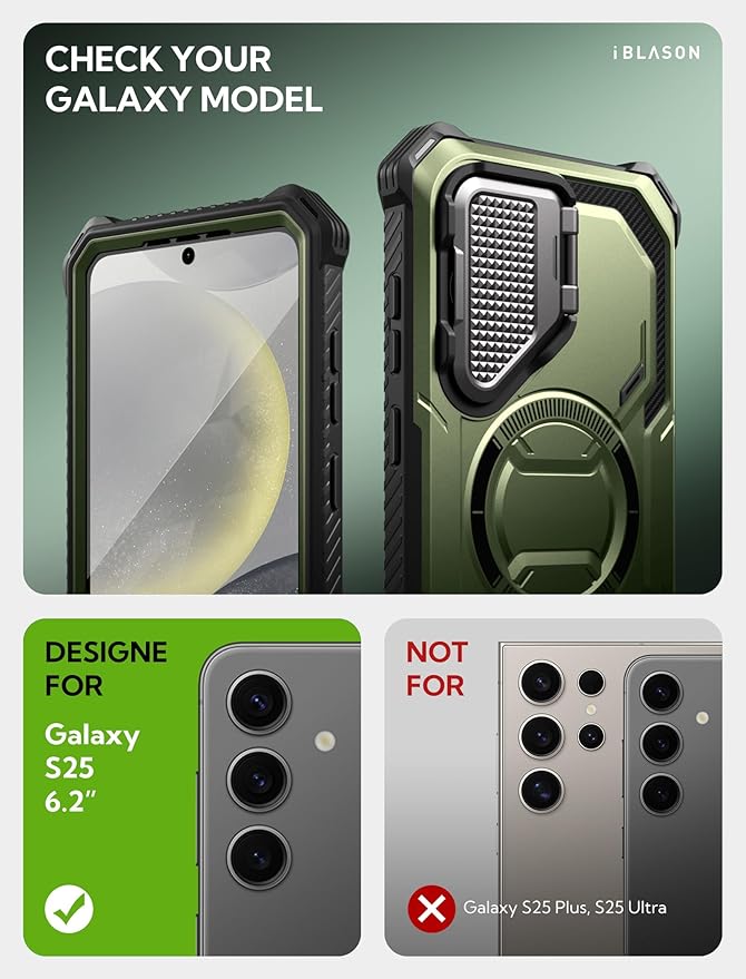 i-Blason for Samsung Galaxy S25 Case with Camera Cover Stand [MagSafe Compatible] [Built-in Screen Protector] Full-Body Military-Grade Protection Rugged Magnetic Phone Case for S25 6.2'', Green