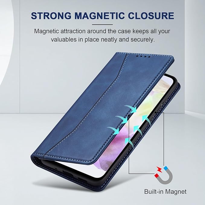 Jasonyu Flip Wallet Case for Samsung Galaxy A35,Leather Magnetic Folio Cover with Card Holder,Kickstand - TPU Shockproof Durable Protective Phone Case,Blue