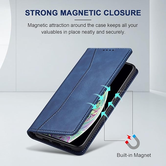 Jasonyu Flip Wallet Case for iPhone X/XS,Leather Magnetic Folio Cover with Card Holder,Kickstand - TPU Shockproof Durable Protective Phone Case,Blue