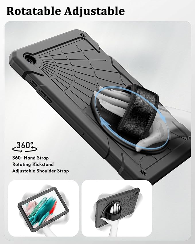 Case for Samsung Galaxy Tab A9 8.7 Inch 2023, 360° Rotating Stand, Hand Strap&Shoulder Strap Case for Samsung A9 Tablet(SM-X110/X115/X117) (Grey)