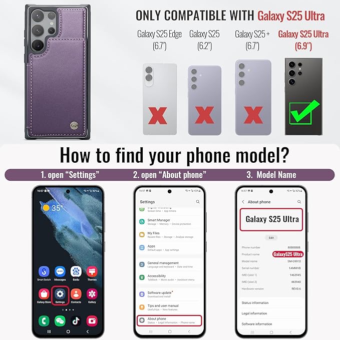 Vinich for Samsung Galaxy S25 Ultra Wallet Case with Card Holder, RFID Blocking Credit Slots Kickstand Shockproof Phone Cover for Women Men, Purple