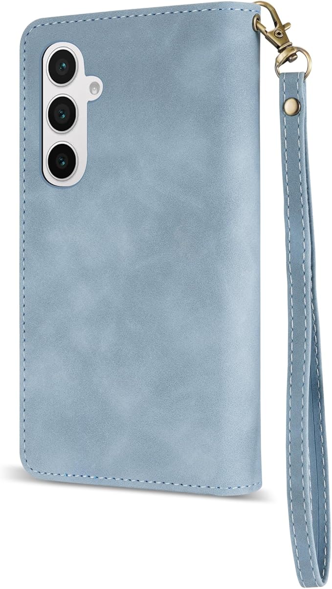 ZZXX for Samsung Galaxy S24 FE Wallet Case with RFID Blocking Card Slot PU Leather Zipper Flip Folio with Strap Kickstand Protective Cover for Galaxy S24 FE Case Wallet(Light Blue-6.7 inch)