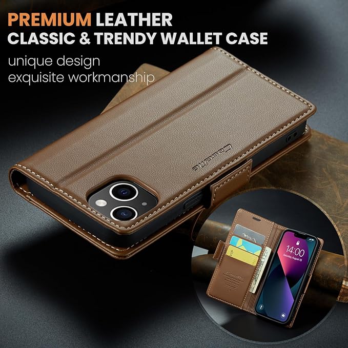 for iPhone 14 Plus Case, Premium PU Leather Wallet Case Flip Cover with [RFID Blocking][Card Holder][Stand Function] Shockproof Protective for iPhone 14 Plus 6.7", Brown