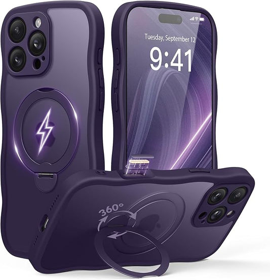 GolbinBox for iPhone 16 Pro Case for Women,[Compatible with Magsafe][360° Spin Magnetic Stand][Cute Wave Edge][Military-Grade Protection] Translucent Matte Phone Case for iPhone 16 Pro, Dark Purple