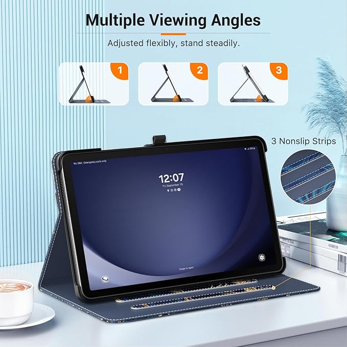 MoKo Case for Samsung Galaxy Tab A9 Plus 11" 2023 (SM-X210/SM-X216/SM-X218), PU Leather Multi-Angle Viewing Folding Stand Cover Case with Hand Strap, Front Pocket, Auto Wake/Sleep, Marble Blue