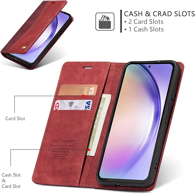 QLTYPRI Wallet Case for Samsung Galaxy S24, Vintage Folio PU Leather Purse Case with Card Slots Magnetic Closure Kickstand Flip Crashproof Phone Cover for Samsumg Galaxy S24 - Wine Red