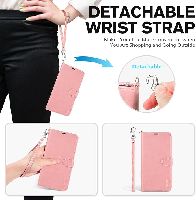 TUCCH Wallet Case for iPhone 15 6.1" 5G, [Wrist Strap] Kickstand RFID Blocking 4 Card Slots Magnetic Closure, PU Leather Shockproof TPU Shell Compatible with iPhone 15 2023, Pink with Wristlet