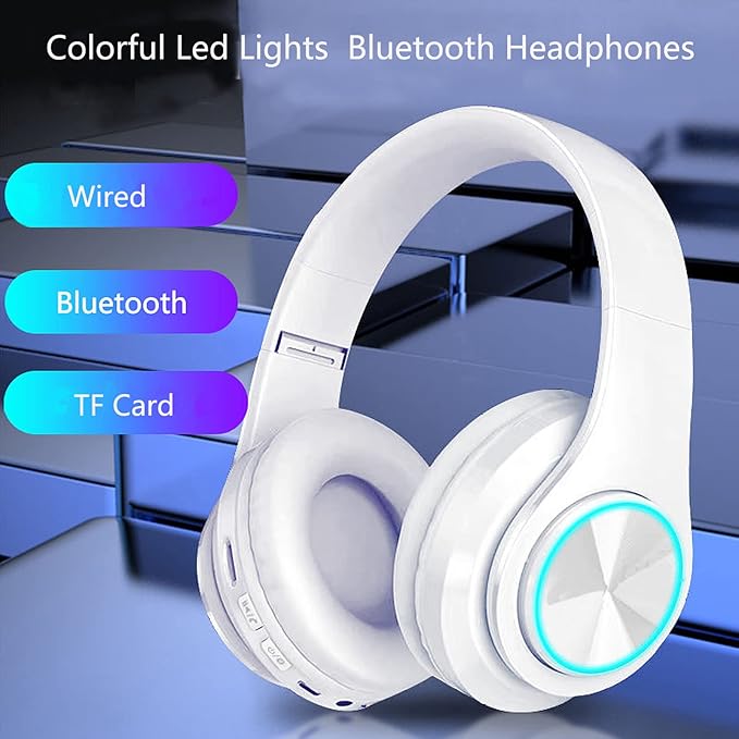 Wireless Bluetooth Headphones with Colorful LED Lights, Built-in Mic, Light Weight, Foldable, Wired HiFi Stereo Headphones for Classroom/Home Office/PC/Mobile Phone/Kids Adult (White)
