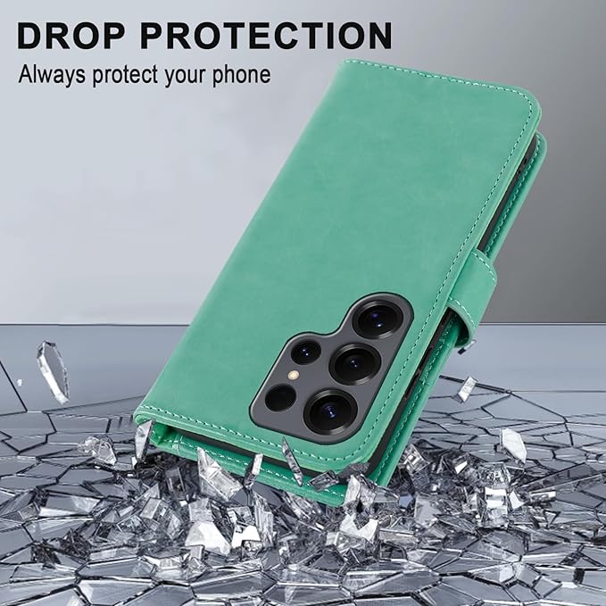 MONASAY Wallet Case Fit for Samsung Galaxy S25 Ultra 6.9 inch, [Lens & Glass Screen Protector Included] [RFID Blocking] Flip Folio Leather Cell Phone Cover with Credit Card Holder, Mint