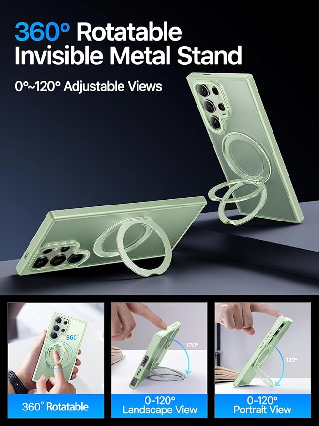 QTlier Phone case for Galaxy S24 Ultra- 360 Rotatable Magnetic Ring Stand, Military-Grade Protection, Raised Camera Frame