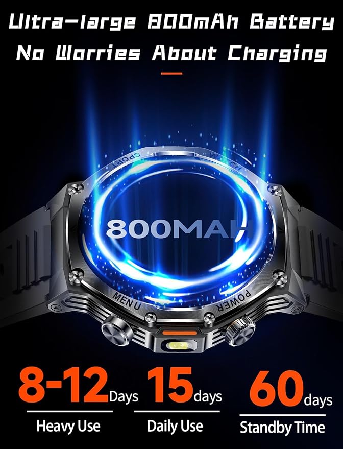 Military Smart Watch for Men, 800mAh Big Battery Smart Watches with LED Flashlight for Android iOS, Answer/Make Call, Fitness Tracker, Blood Oxygen/Heart Rate Monitoring, Sleep Track (2 Bands, Black)