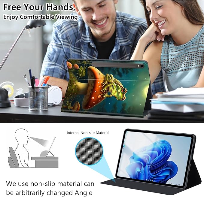 Slim Case for Samsung Galaxy Tab S10 FE / S9 FE 5G 10.9" & Tab S9 11", PU Leather Protective Cover, Multi-Angle Stand, Auto Sleep/Wake, Frog Mushroom
