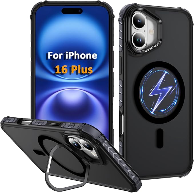 Magnetic for iPhone 16 Plus Case Black with MagSafe Wireless Charging Heavy Duty Military-Grade Shockproof Protection Adjustable Kickstand Slim Matte Anti-Fingerprint Cover Men Women