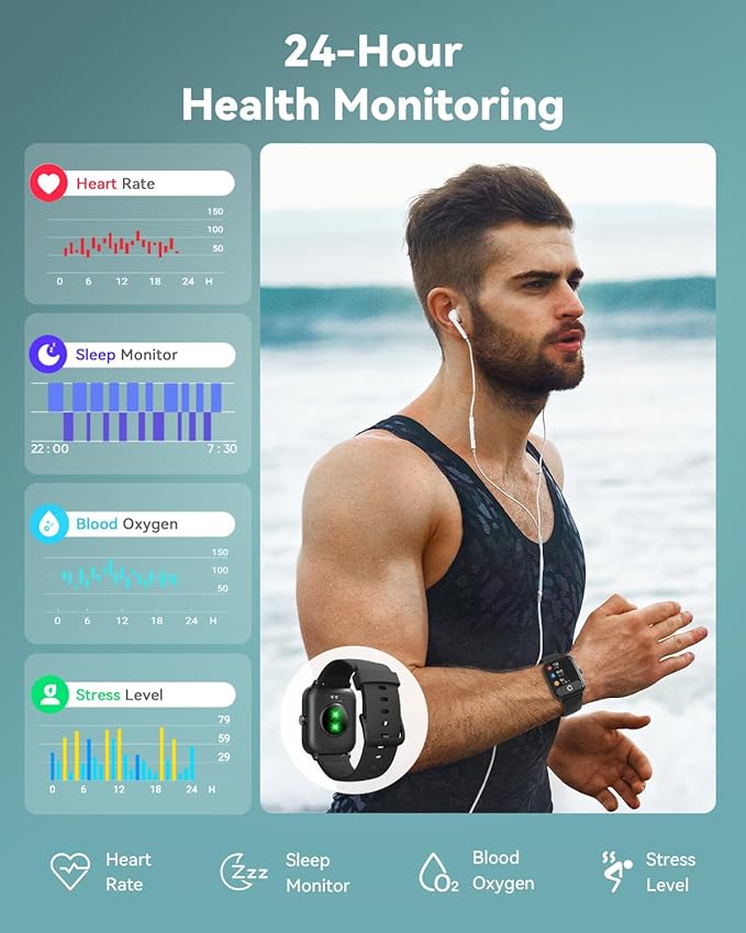 Smart Watches for Women/Men, Smart Watch for Android Phones and iPhone Compatible, Alexa Built-in, 1.8" Fitness Watches for Women, IP68 Waterproof/Bluetooth Call, Heart Rate/Sleep Monitor, Black