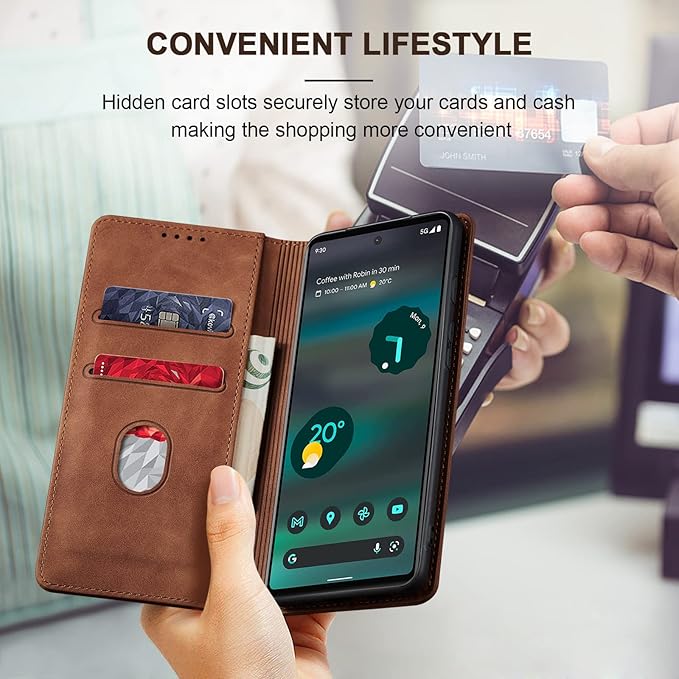Jasonyu Flip Wallet Case for Google Pixel 6A 5G,Leather Magnetic Folio Cover with Card Holder,Kickstand - TPU Shockproof Durable Protective Phone Case,Brown