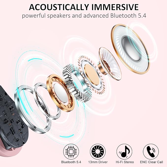 Wireless Earbuds, Bluetooth 5.4 Headphones Sports, 50H Playback Over-Ear Buds with ENC Noise Cancelling Mic, Deep Bass Fitness Earphones with Earhooks, IP7 Waterproof Headset for Workout Rose
