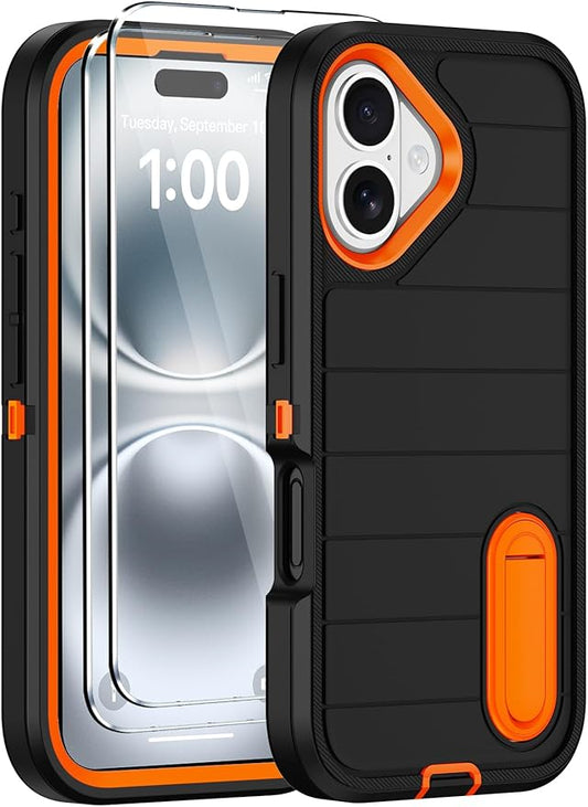 for iPhone 16 Case with 2 Screen Protectors,Heavy Duty Shockproof Drop Protection Military Grade Tri-Layer Rugged Cell Phone Cover with Built-in Invisible Kickstand for Apple 16 6.1“ (Black/Orange)