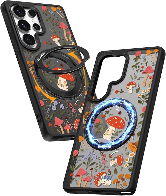 for Samsung Galaxy S25 Ultra Case with 360° Rotatable Magnetic Ring - Compatible with MagSafe, Semi-Transparent Soft-Touch Material Shockproof, Cute Mushroom Design for Women Girl