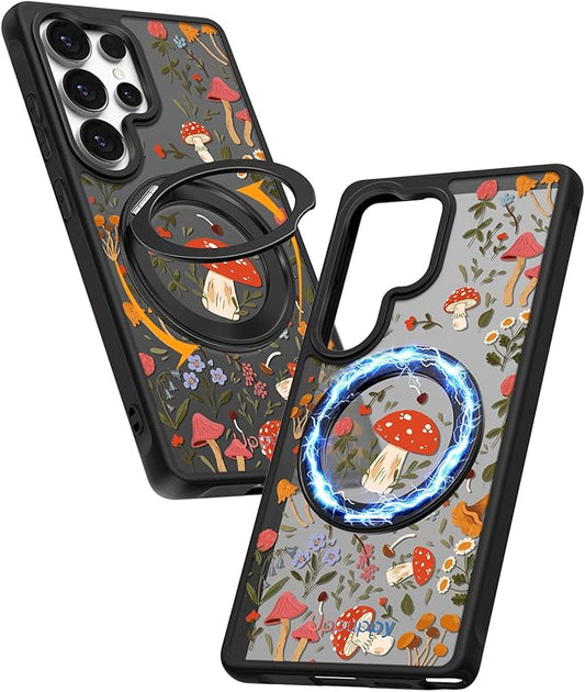 for Samsung Galaxy S25 Ultra Case with 360° Rotatable Magnetic Ring - Compatible with MagSafe, Semi-Transparent Soft-Touch Material Shockproof, Cute Mushroom Design for Women Girl