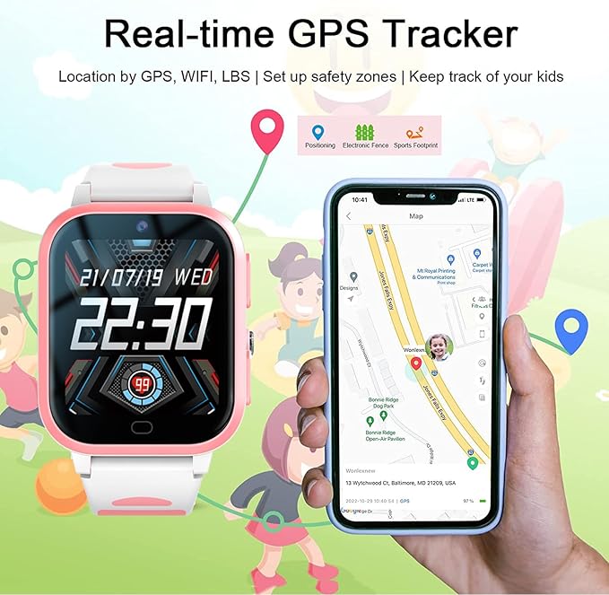 4G GPS Smart Watch for Kids Whatsapp Line Video Phone Call and Text Voice Chat SOS Alarm Message Anti-Lost Real-time Tracker Pedometer Silent Mode Camera TikTok Facebook Global Version Age 3-15 Gift