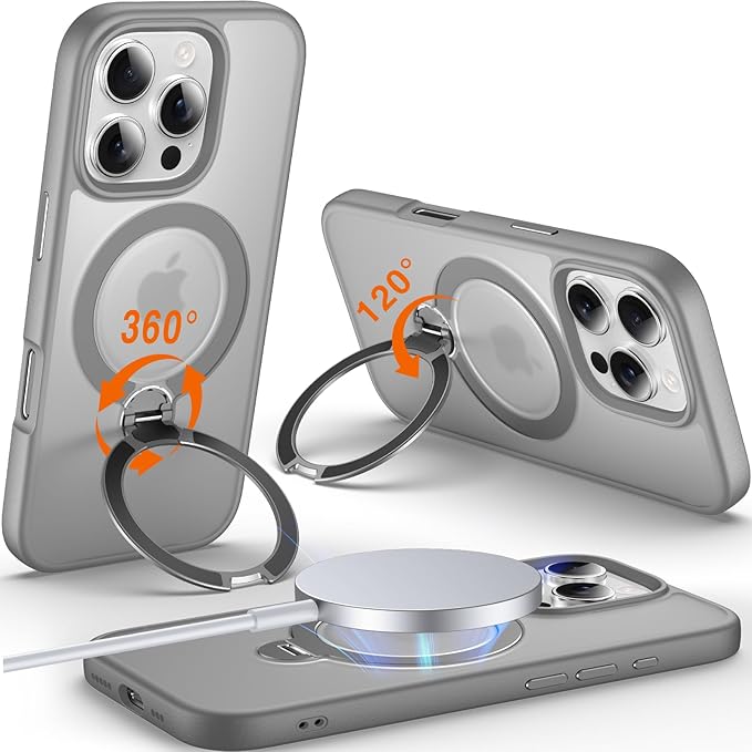 360° O-Ring MagStander for iPhone 16 Pro Case with Magnetic Kickstand Ring Holder [Compatible with MagSafe][360°Rotate Stand Ring][Military Shockproof] iPhone 16 Pro Phone Cover Matte Grey