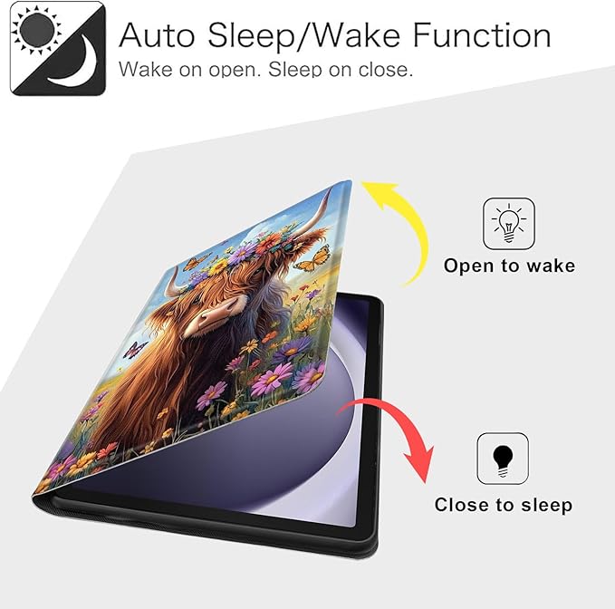 Case for Samsung Galaxy Tab A9+/A9 Plus 11” 2023 Model (SM-X210/X216/X218), Slim PU Leather Stand Cover with Auto Wake/Sleep, Multi-Angle Viewing & Shockproof, Cute Highland Cow