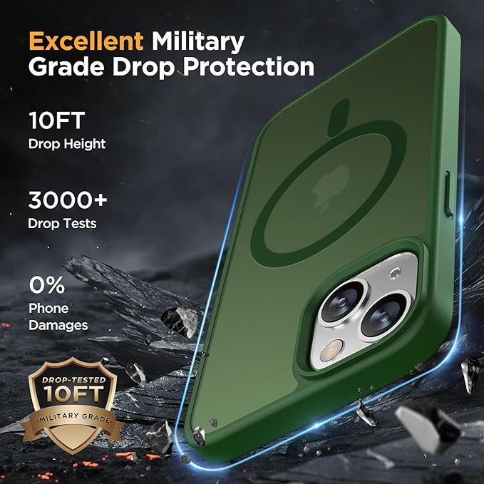 Miracase Magnetic for iPhone 14 Case 6.1 inch (Compatible with MagSafe)（with 2X Screen Protectors） Military-Grade Protection, Anti-Fingerprint Translucent Matte Phone Case Cover, Dark Green