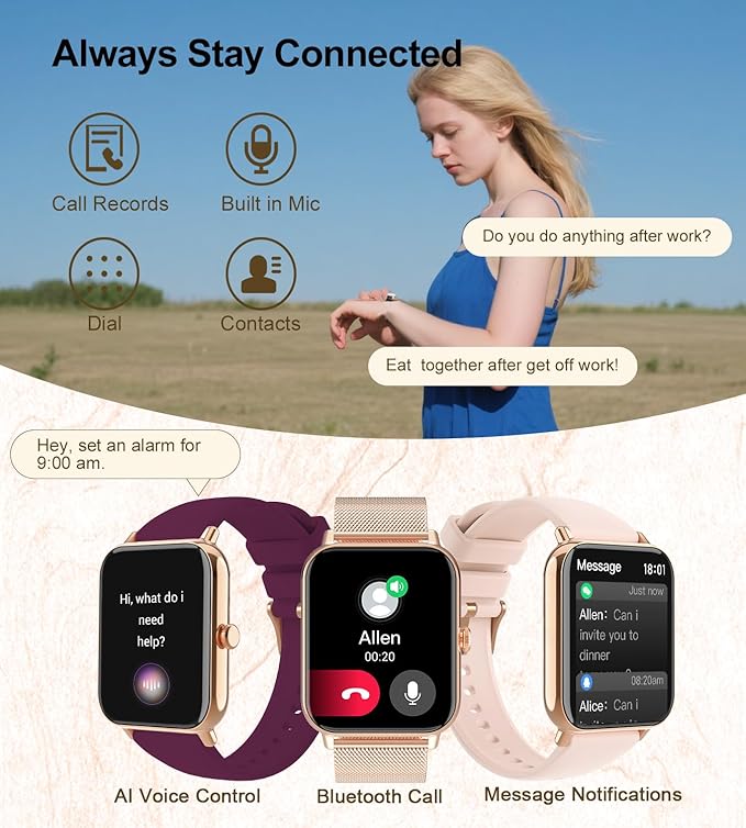 Smart Watch for Women with Bluetooth Call Answer/Dail,1.85" DIY Dial Fitness Watch with Heart Rate Sleep Monitor Step Counter 120+ Sports Modes Waterproof Women's Smart Watch for Android iOS (Gold)
