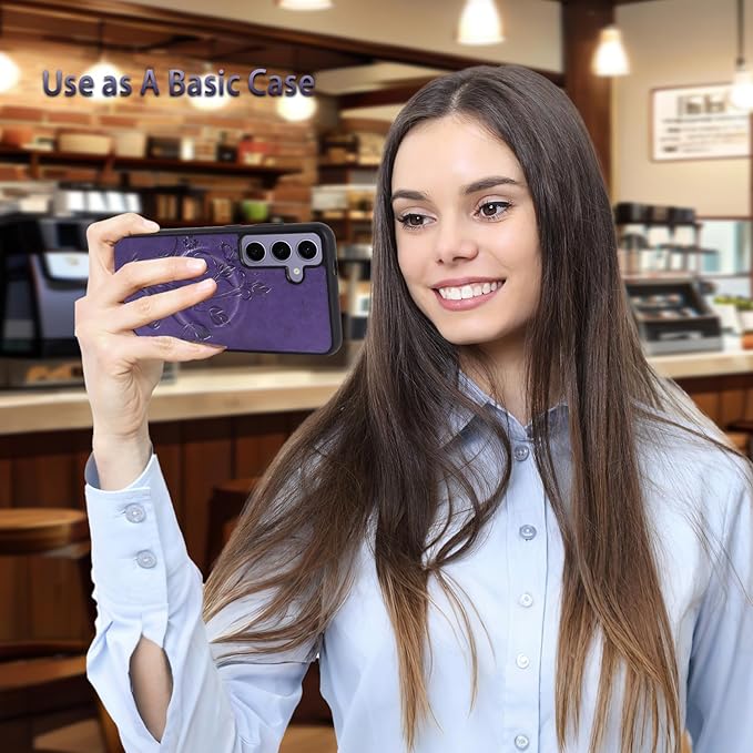 Lacass for Samsung Galaxy S24 Case Wallet,Compatible with MagSafe 2 in 1 Magnetic Detachable PU Leather RFID Blocking Wallet Cover Card Holder Zipper Wrist Strap Lanyard,Floral Purple