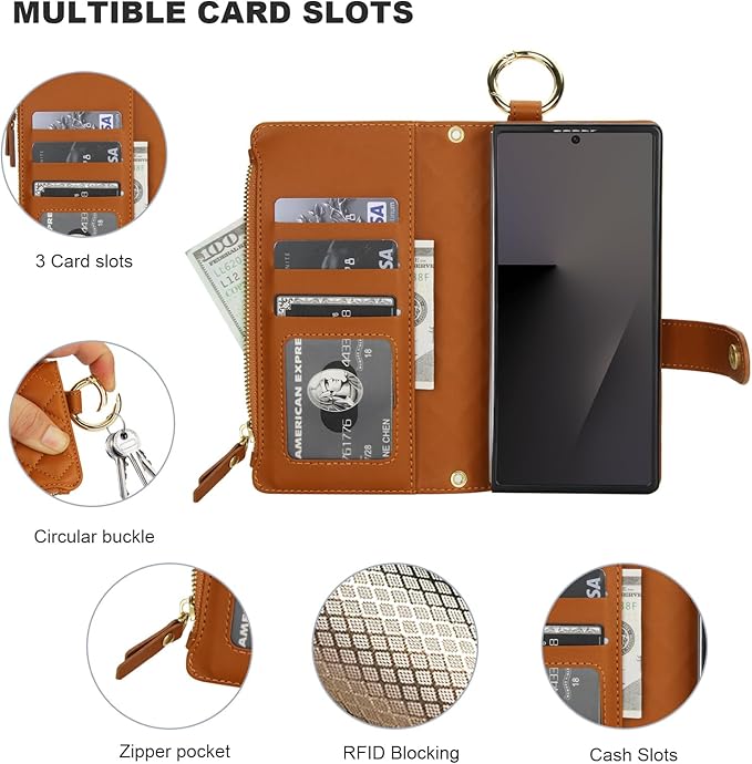 KIHUWEY for Galaxy Z Fold 7 Wallet Case with Card Holder Premium Leather Magnetic RFID Blocking Shockproof Zipper Wrist Strap Lanyard Cover for Samsung Galaxy Z Fold 7 8.0 Inch (Brown)