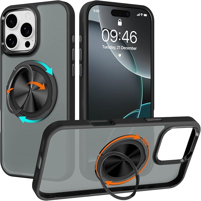 ZIYE Black Case for iPhone 16 Pro Case with Stand [Compatible with MagSafe] Slim Heavy Duty Protection Military Grade Shockproof Magnetic Cover with 360 Rotatable Ring Kickstand for Women Men