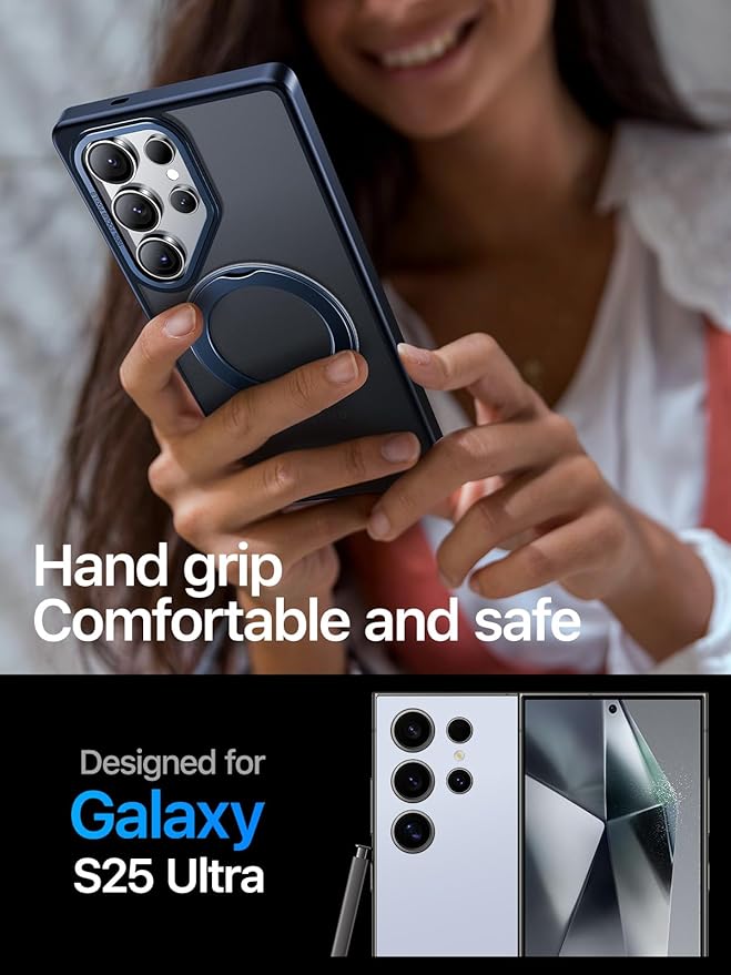 QTlier Phone case for Galaxy S24 Ultra& S25 Ultra- 360 Rotatable Magnetic Ring Stand, Military-Grade Protection, Raised Camera Frame (Blue, S25 Ultra)