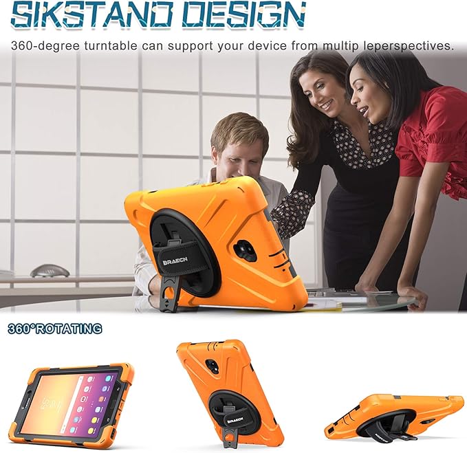 BRAECNstock for Samsung Galaxy Tab A 8.0 (SM-T380/T385) Heavy Duty Shockproof Case with 360 Rotating Kickstand & Hand Strap Shoulder Strap - Orange