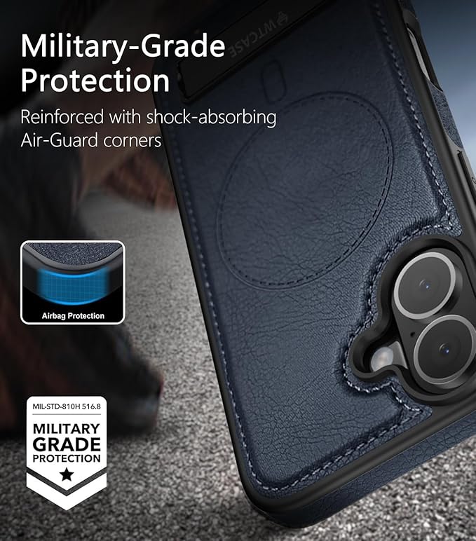 Magnetic for iPhone 17 Leather Case,Built-in Invisible Stand [Compatible with Magsafe] Protective Slim Kickstand Phone Cover for iPhone 17 Case, Blue