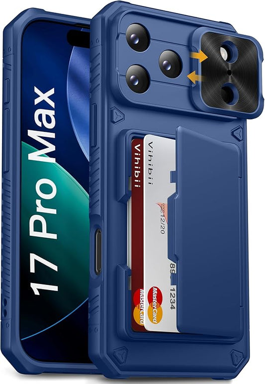 Vihibii for iPhone 17 Pro Max Wallet Case with Card Holder (4 Cards) [RFID Blocking] & Slide Camera Cover & Raised Edges Protect Screen, Shockproof Rugged Cover for iPhone 17 Pro Max 6.9" 2025, Blue