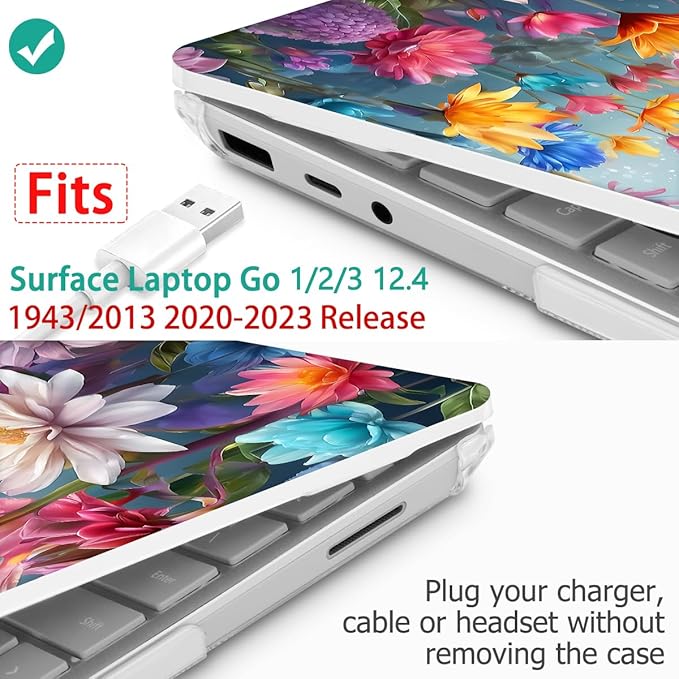 Tuiklol Case for 12.4 Inch Microsoft Surface Laptop Go 3/2 / 1 2023-2020 Releases, Plastic Hard Shell Case with Screen Protector and Keyborad Cover +Dust Plugs Model 2013/1943,Multicolored Floral