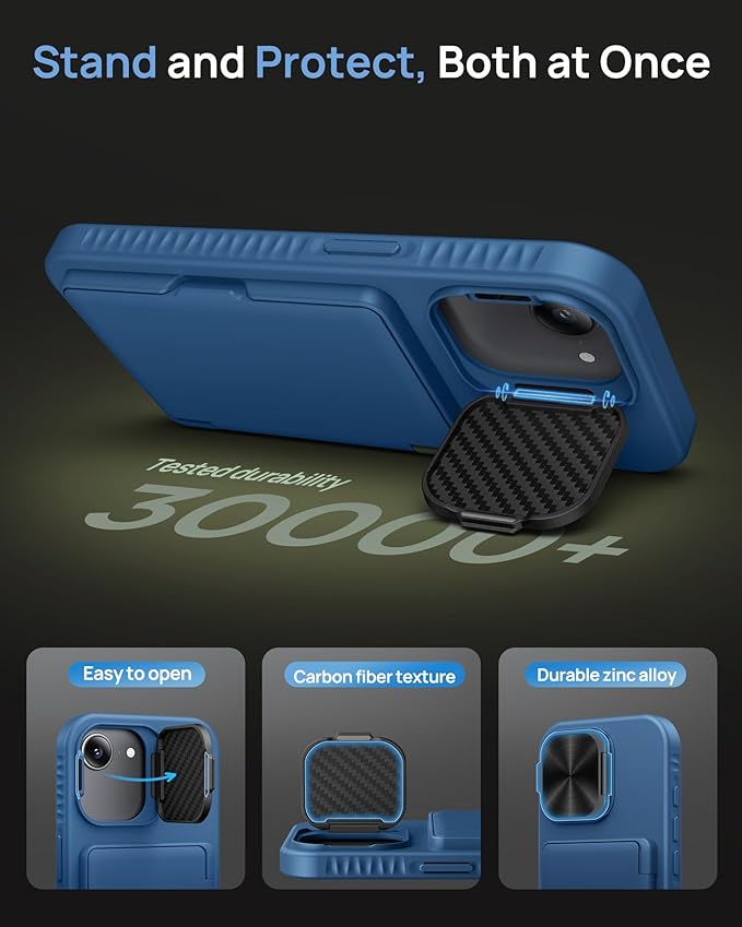 for iPhone 16e Case with Card Holder, Built-in Stand & Camera Lens Cover, Shockproof Rugged Silicone Raised Edge Protective Multifunctional Wallet Phone Case for iPhone 16e 6.1" 2025, Blue