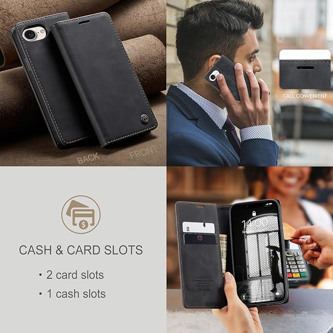 for iPhone 16e (6.1") / iPhone SE 4 / iPhone SE 2025 Case, Flip Wallet Leather Case with Card Holder Magnetic Closure Shockproof Kickstand Protective Phone Cases Cover for iPhone 16e, Black