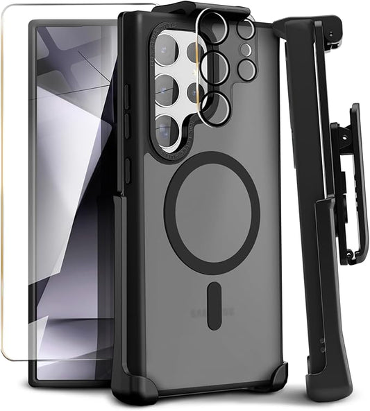 MOTIVE Compatible with Samsung Galaxy s24 Ultra Case with Belt Clip, [Military Grade] with Screen Protector & Camera Lens Protector, Translucent Matte s24 Ultra Holster Case 6.8” | Black