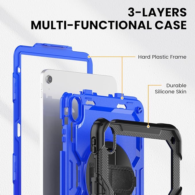 timecity for iPad (A16) 11th/ 10th Generation Case 11''/ 10.9 Inch (2025/2022) - Heavy Duty Protective Cover with Screen Protector, Stand, Shoulder Strap & Pencil Holder | Kids-Friendly - Dark Blue