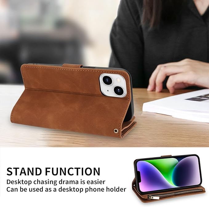 ZZXX for iPhone 14 Plus Case Wallet with [RFID Blocking] Card Slot Premium Soft PU Leather Zipper Flip Folio with Wrist Strap Kickstand Protective Cover for iPhone 14 Plus Wallet Case(Brown-6.7 inch)