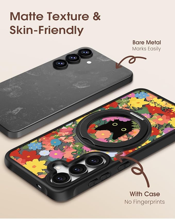 for Samsung Galaxy S25 Case with 360° Rotatable Magnetic Ring - Compatible with MagSafe, Semi-Transparent Soft-Touch Material Shockproof, Cute Black Cat & Flower Design for Women Girl