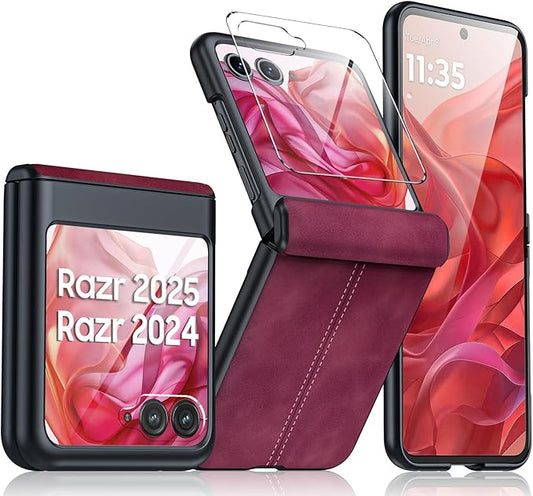 for Motorola Razr 2024 Case/Razr 2025 Case, Built-in Screen Protector & Hinge Protection & Ultra Thin PU Leather Matte PC Shockproof Phone Cover Smartphone Case for Moto Razr 2024/2025(Red)