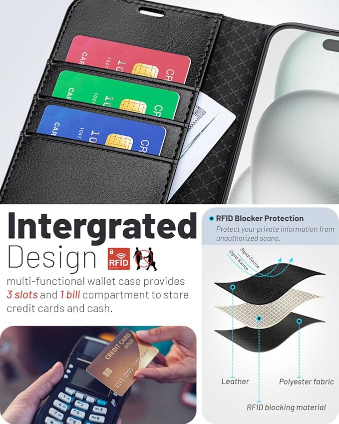 OCASE Compatible with iPhone 16 Wallet Case, PU Leather Flip Folio Case with Card Holders RFID Blocking Kickstand [Shockproof TPU Inner Shell] Phone Cover 6.1 Inch 2024, Black