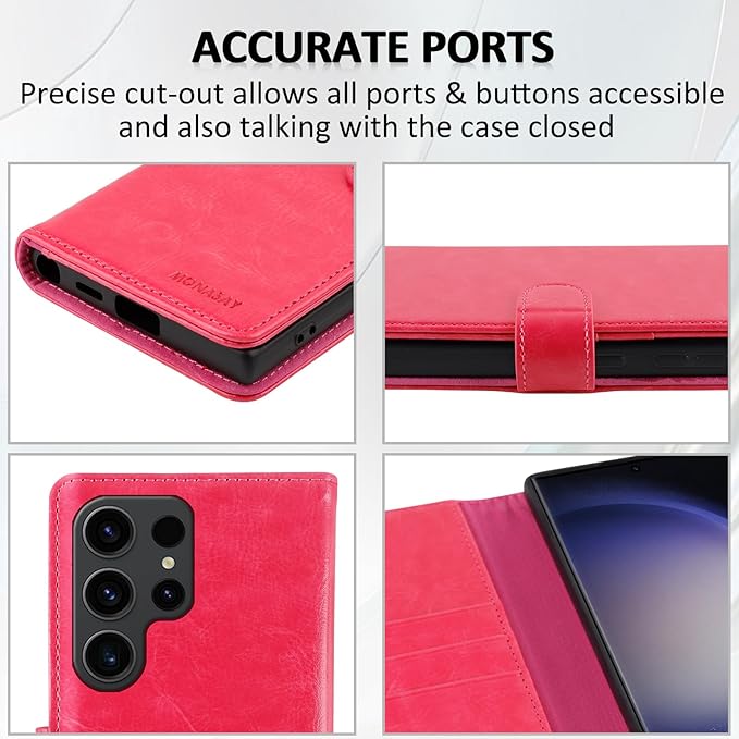 MONASAY Wallet Case Compatible for Galaxy S23 Ultra 5G,[RFID Blocking] Flip Folio Leather Cell Phone Cover with Credit Card Holder, 6.8 inch, Hot-Pink