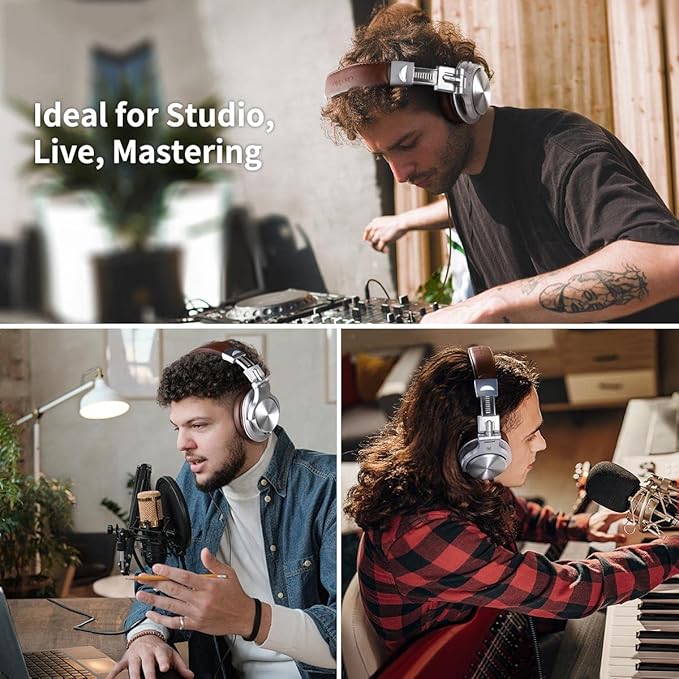 OneOdio A71 Hi-Res Studio Recording Headphones - Wired Over Ear Headphones with SharePort, Monitoring Mixing Foldable Headset with Stereo Sound, 3.5/6.35MM Jack for PC Computer DJ Guitar-Silver
