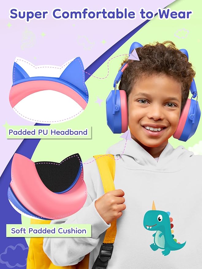 Dr.meter Noise Cancelling Headphones for Kids, SNR 32dB Kids Hearing Protection Earmuffs for Noise Reduction, Head Band Adjustable Ear Muffs for Autism Sensory, Outdoor Activity 2Pack Pink+Blue