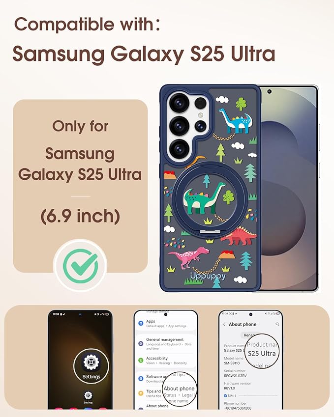for Samsung Galaxy S25 Ultra Case with 360° Rotatable Magnetic Ring - Compatible with MagSafe, Semi-Transparent Soft-Touch Material Shockproof, Cute Dinosaur Design for Women Girl