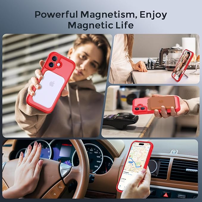 MOCCA Compatible with iPhone 17 Case with Magnetic Invisible Stand [Full Camera Protection] [Compatible with Magsafe] Military Drop Shockproof Translucent Matte Phone Case Cover 6.3",Red